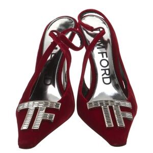 Tom Ford Ruby Red Velvet Slingback Pumps with Crystal TF Emblem